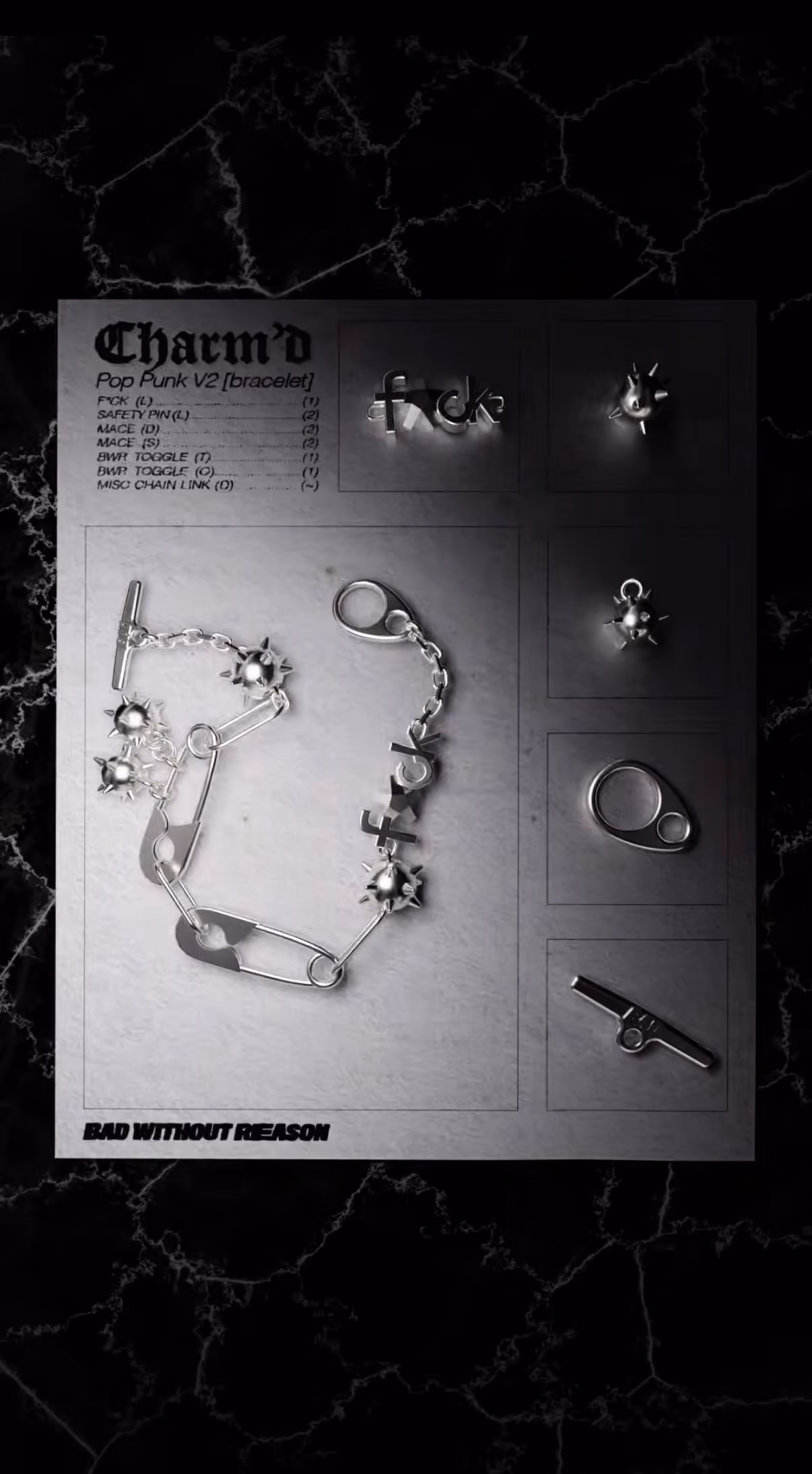A spec sheet for the Pop Punk V2 bracelet: a parts list naming each charm and its quantity, the assembled sterling silver bracelet, and renders of the individual mace, safety pin and toggle components beside it.
