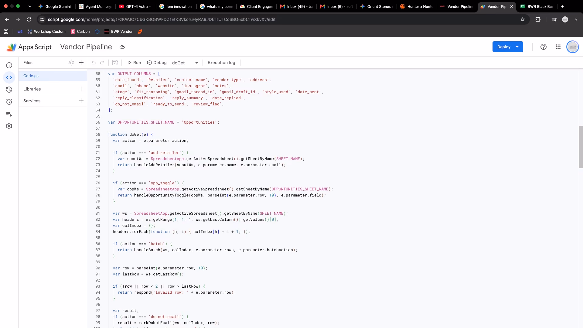 The Apps Script web app behind every dashboard button — the one piece of the system that isn't Python, because it can drive the sheet and Gmail with no infrastructure of its own.