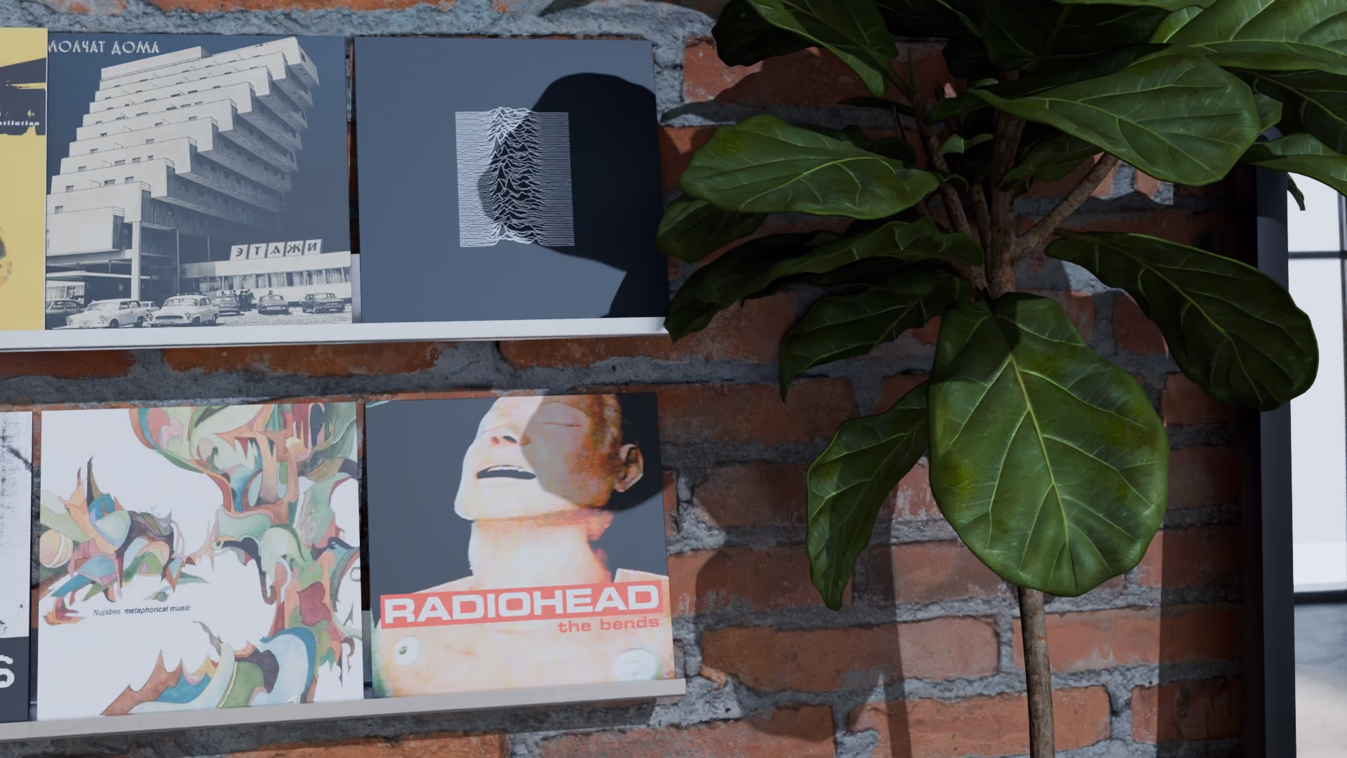 Record ledges at 1499.5 mm, standing eye level. Covers pulled from the iTunes Search API, with two sourced through the Cover Art Archive.